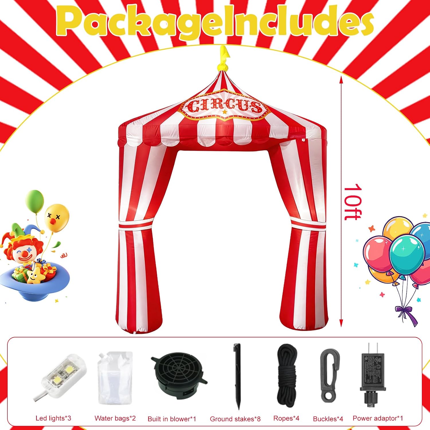 10ft Carnival Circus Tent Party Decorations, Red and White Striped Inflatable Arch with Build in LED Lights, Blow Up Tent for Circus Carnival Halloween Themed Birthday Party Decorations