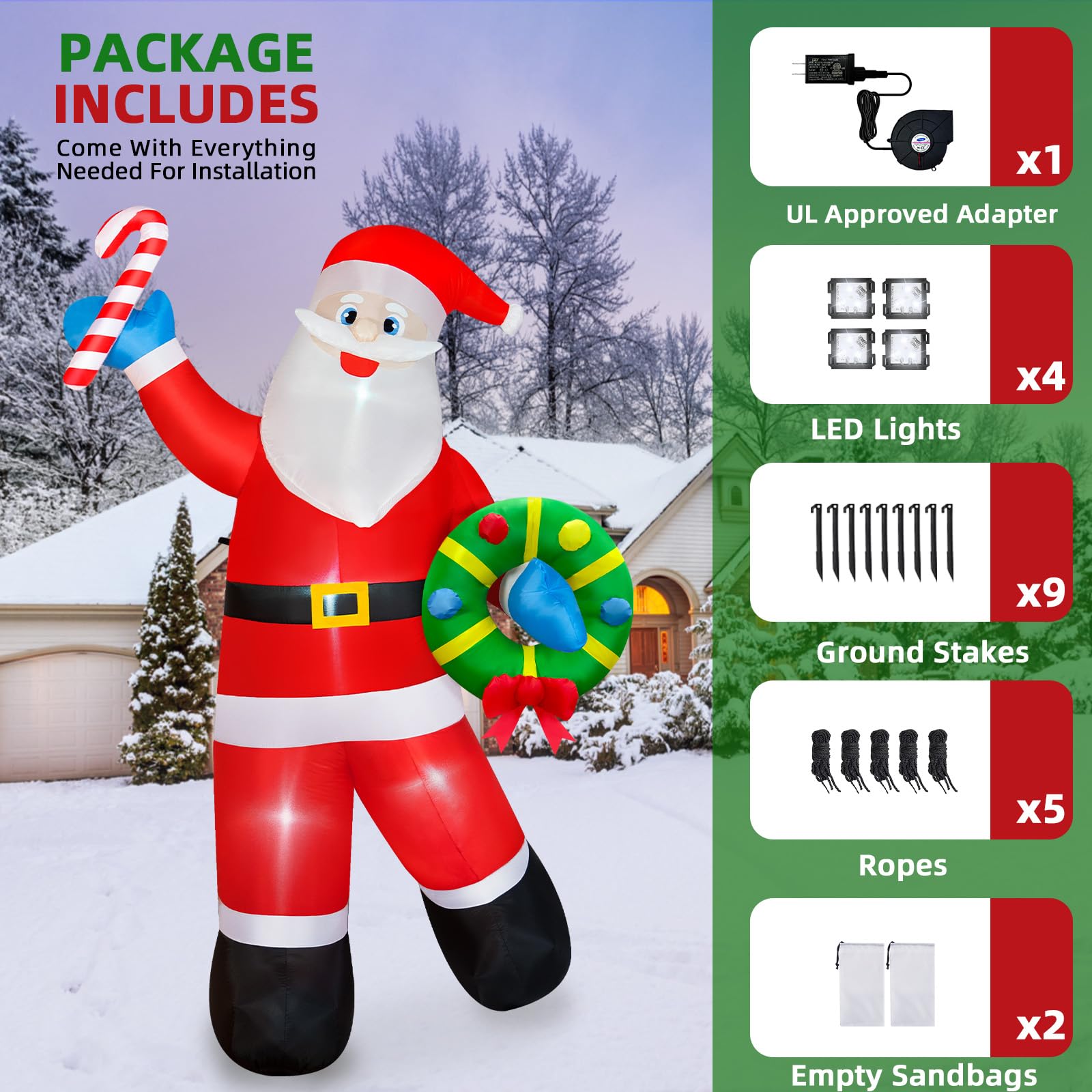 Père Noël gonflable de 2,4 m - Décorations d'extérieur - Père Noël gonflable tenant une guirlande de Noël - LED intégrées - Décoration de Noël pour Noël, vacances, jardin, pelouse
