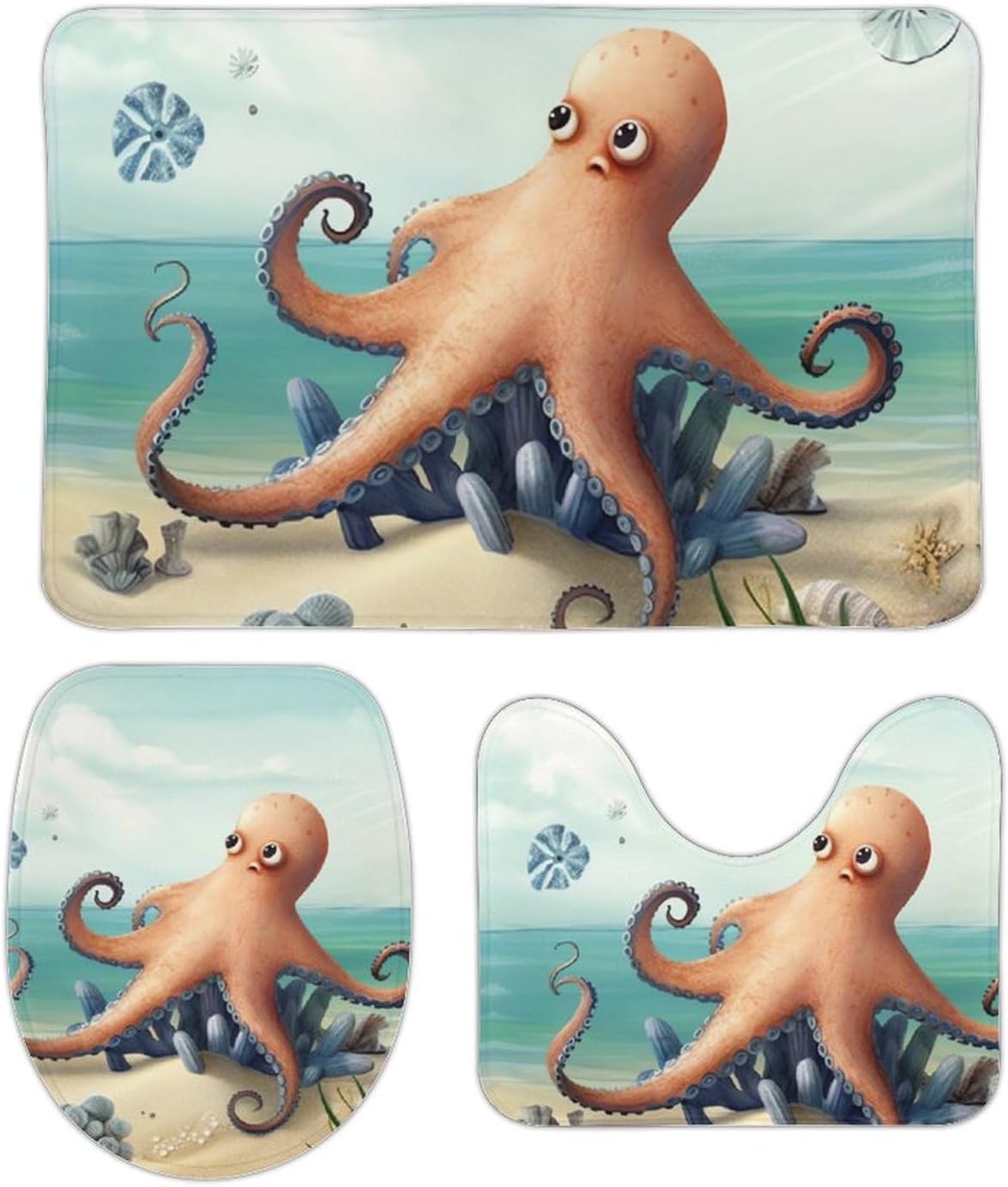 Anti-Skid Floor Mats 3 Piece Set,Beach Octopus Starfish Printed Coral Fleece Bathroom Mats U-Shaped Contour Mat Toilet Seat Cover for Bathroom, Tub, Shower, Kitchen 19.7"x31.5"