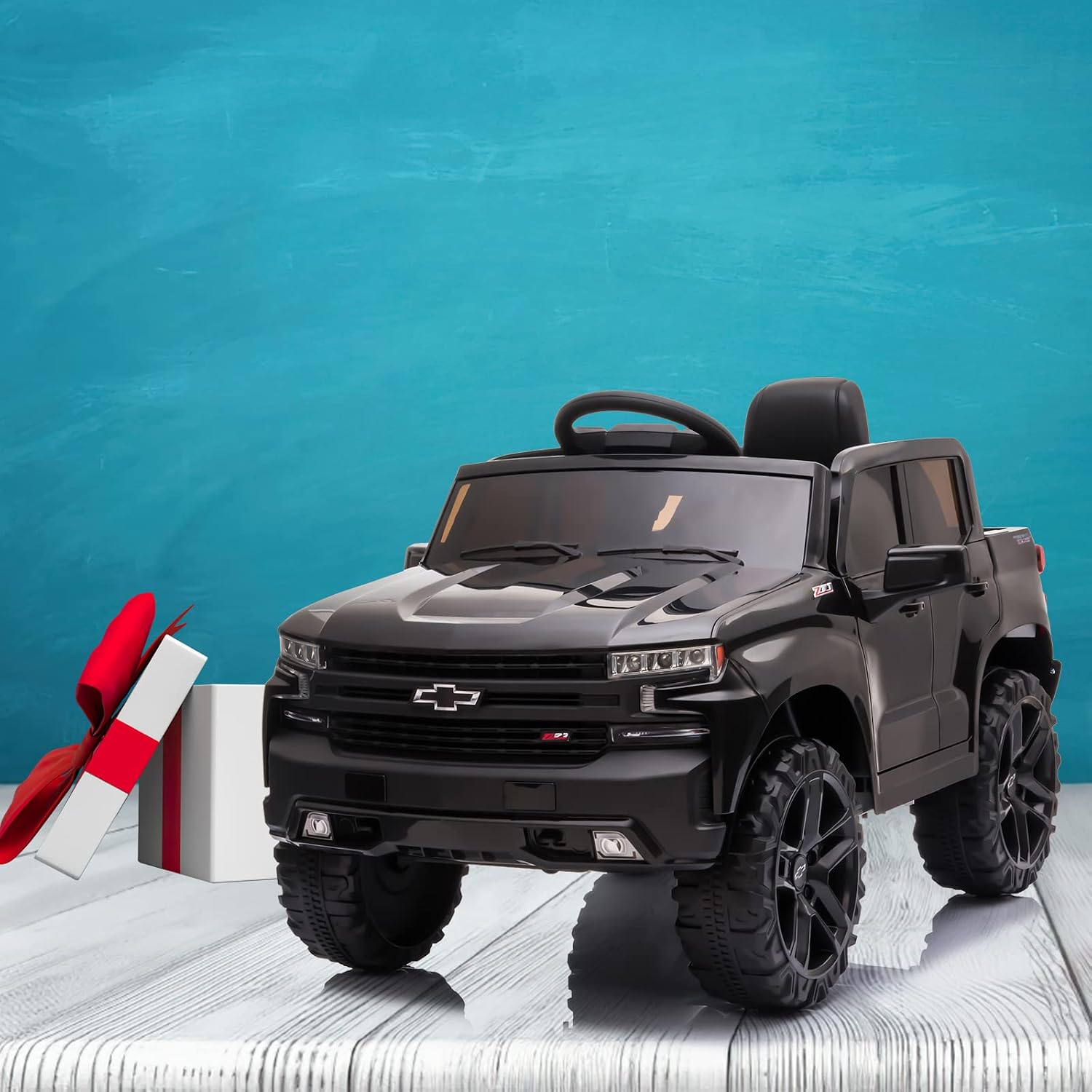 12V Licensed Chevrolet Silverado GMC Ride on Car,Battery Powered Electric Vehicle Jeep,Ride On Truck w/Remote Control, MP3/Bluetooth, Spring Suspension, LED Light (Black)