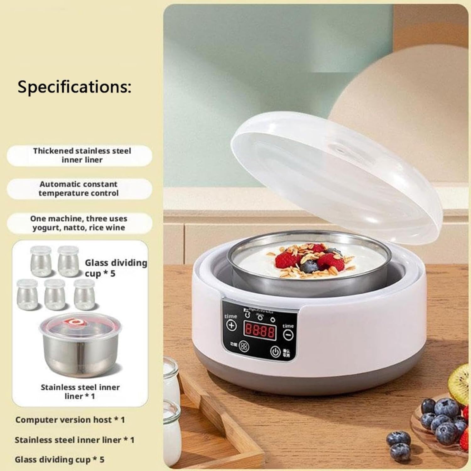 Probiotic Yogurt Motor, Maker, Automatic Machine With Temperature Control, 1200/1400ML MultiFunction Electric With 5/8 Lids Jar (Circle)(Circle)