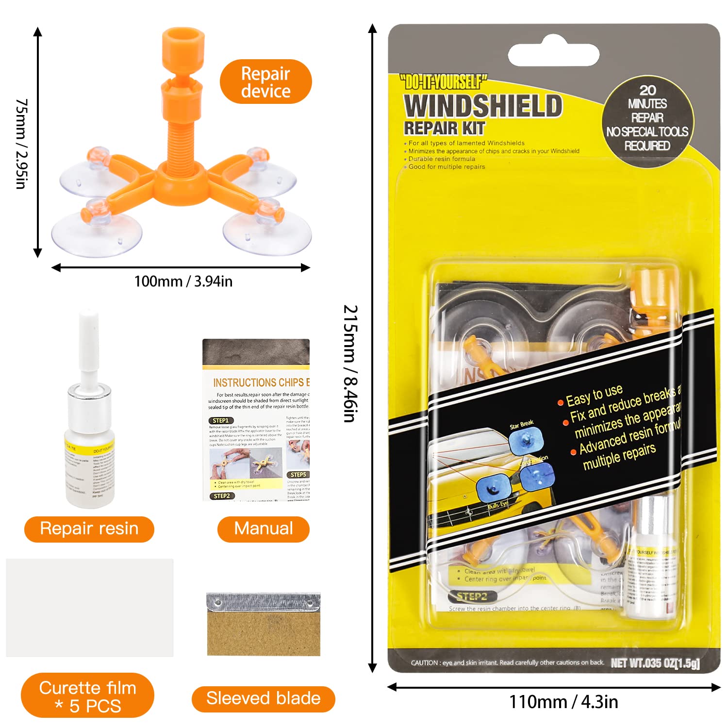 DISTANCEE Windscreen Repair Kit, Car Windscreen Crack Repair Kit with Durable Resin, Fix Auto Windscreen Glass Cracks, Chip, Bulls Eye, Star Break, Half Moon — view 7