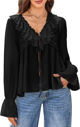Boho Ruffle Front Tie V Neck Blouse for Women Sheer Long Sleeve