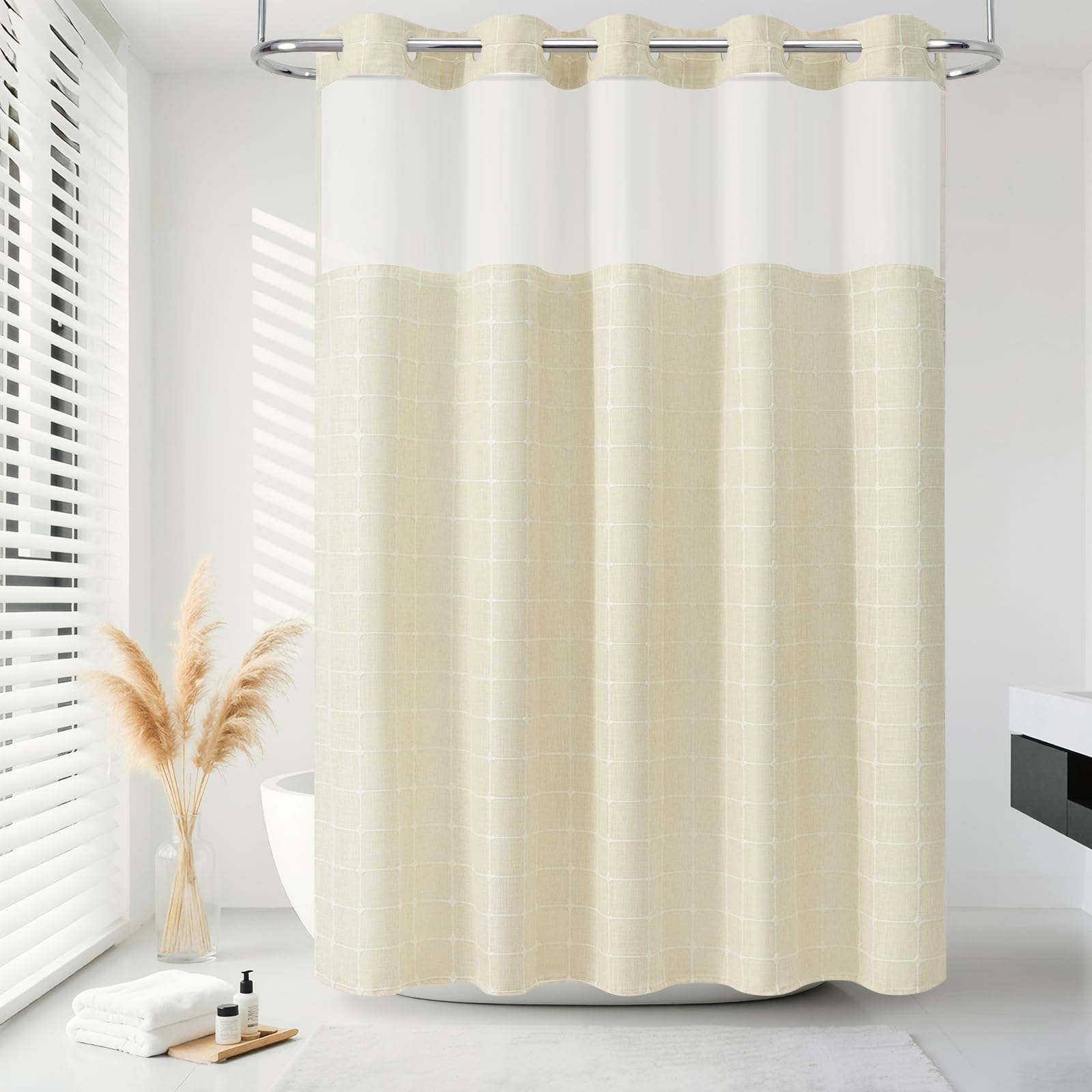 VANZAVANZU Kein Haken Duschvorhang, Polyester Plaid Schwere Dicke Duschvorhänge mit Maschenoberfenster, Böhmischer Stil wasserdichte Badezimmervorhang 190 cm x 182 cm