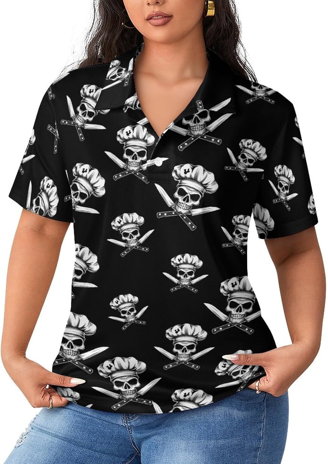 Crossed Chef Knives Skull Women's Golf Polo Shirts Short Sleeve Quick Dry Tennis Tops Casual Work Blouses