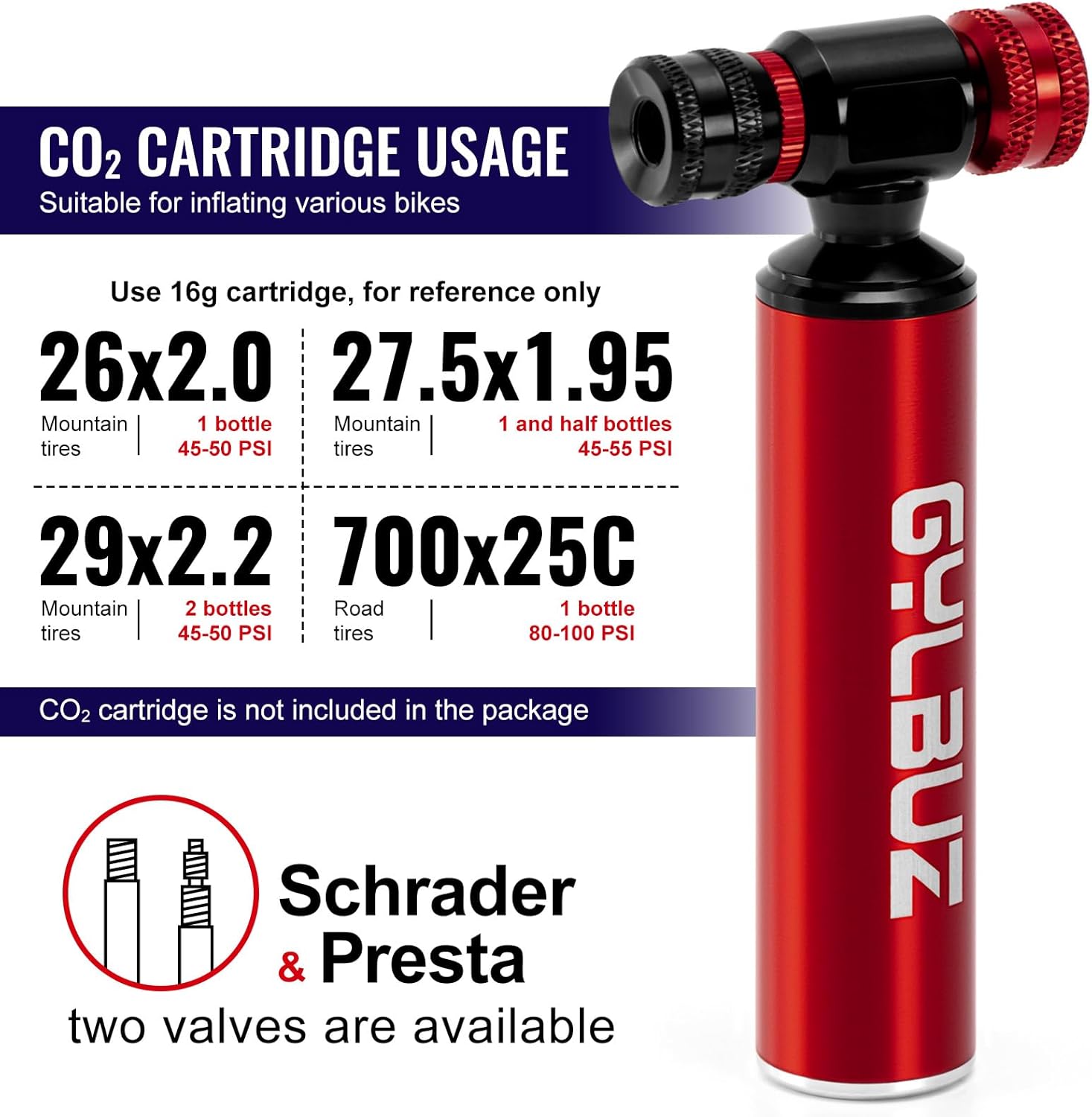 CO2 Bike Tire Inflator: Presta and Schrader Valve Compatible Portable Co2 Bicycle Pump with Cartridge Storage Canister for Road and Mountain Bikes -No CO2 Cartridges Included, Quick & Easy - Image 4