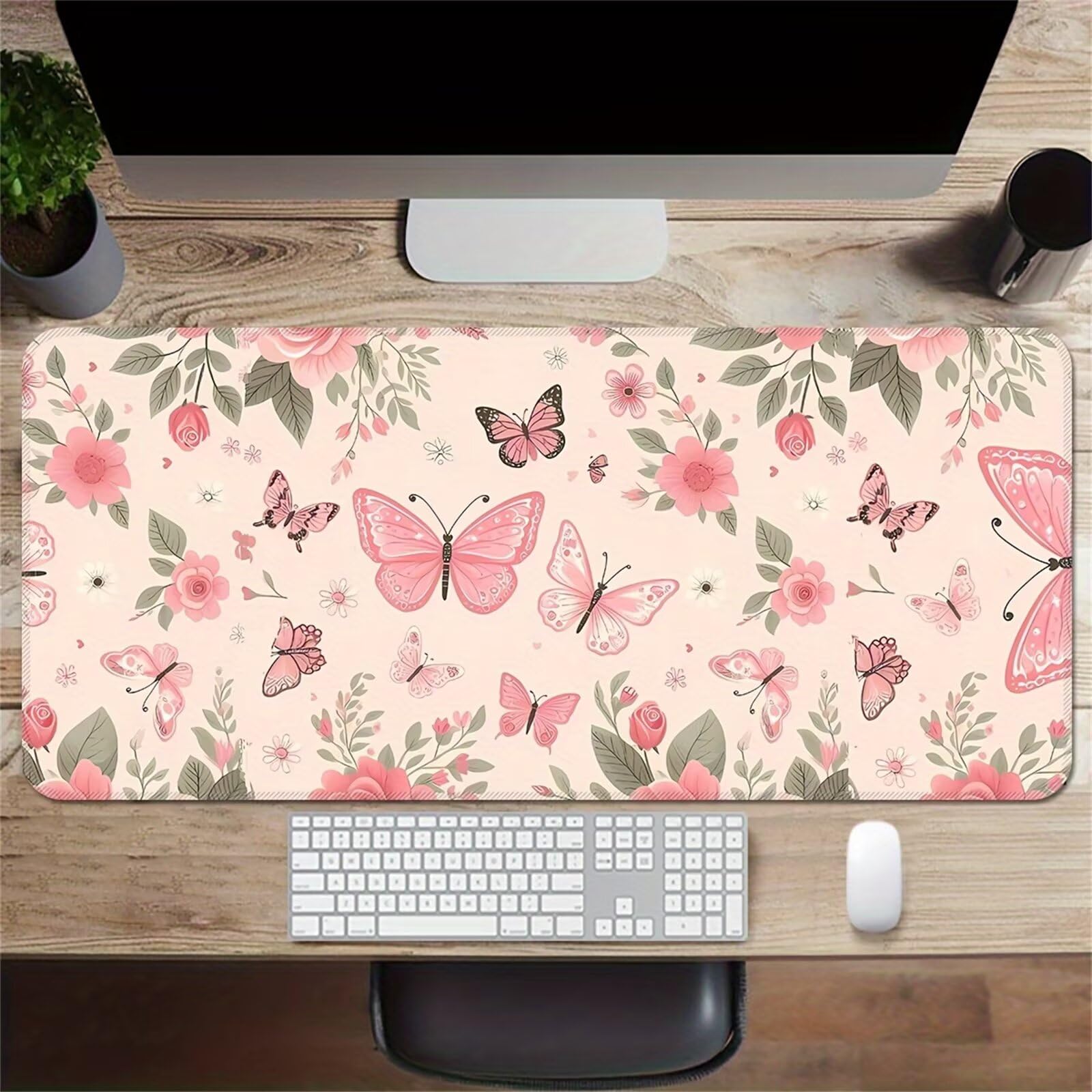 Grand Tapis de Souris de Jeu 1000x500x2 mm Mouse Pad Gaming Papillon Rose Tapis de Bureau Antidérapant avec Bords Cousus pour Bureau, Études, Gamer