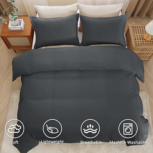 Miniatura 4 de Juego de funda de edredón gris oscuro tamaño King, de microfibra cepillada suave y refrescante, 3 piezas con cierre de cremallera, 1 funda de