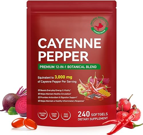 Cayenne Pepper Capsules with Turmeric & Beetroot – 12-in-1 Formula with Black Pepper Extract for Absorption – Vitamins D3, K2 & E – Supports Circulation & Antioxidant – 240 Softgels (80-Day Supply)
