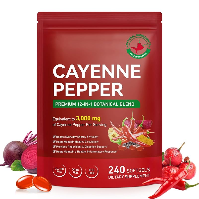 CFXYHNOX Suplemento de pimenta-caiena com vitaminas D3, K2 e E, blend de 3000 mg, 240 cápsulas gelatinosas