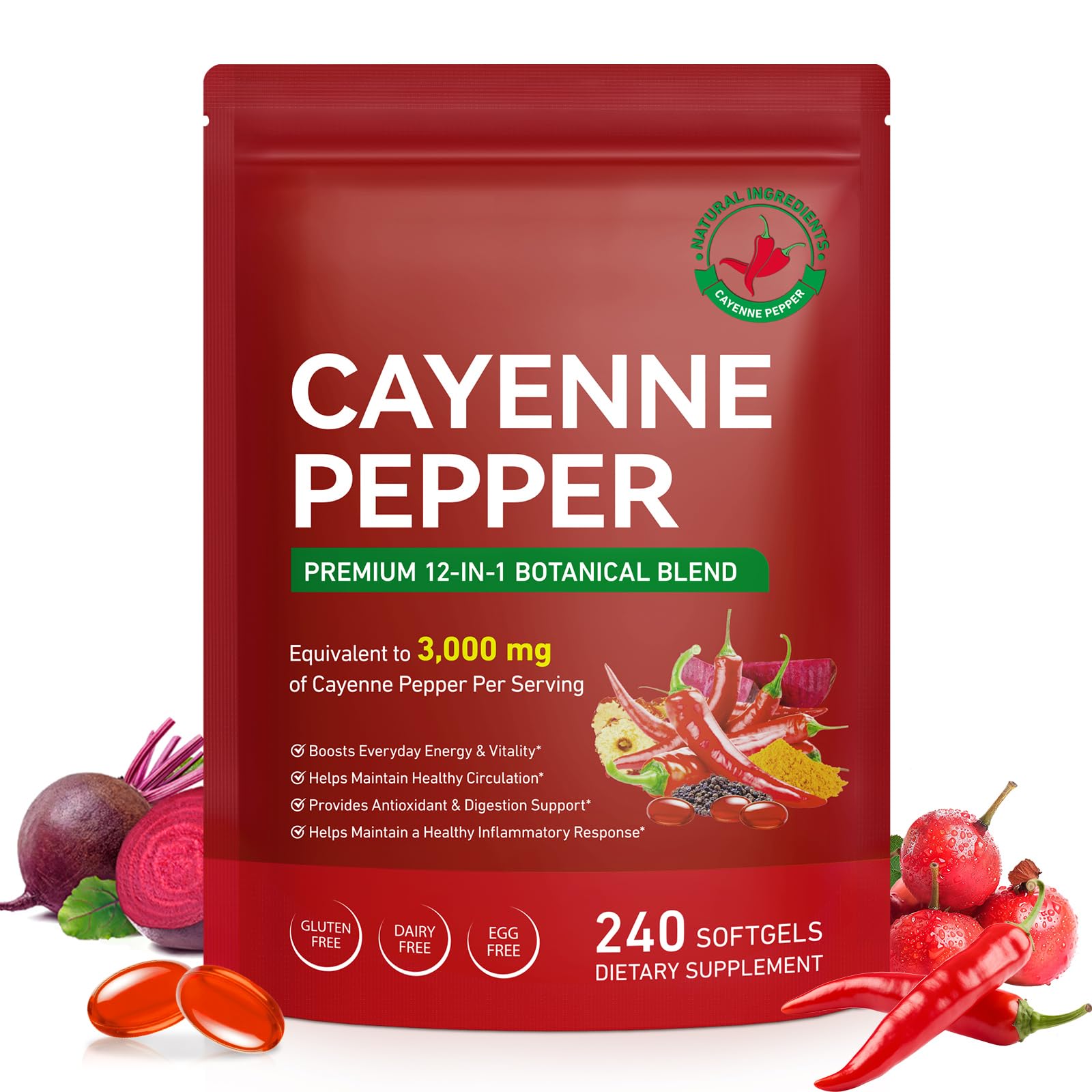 Cayenne Pepper Softgels Supplement 12-in-1 3000mg per Serving with Vitamins D3 K2 E Supports Healthy Circulation Daily Energy