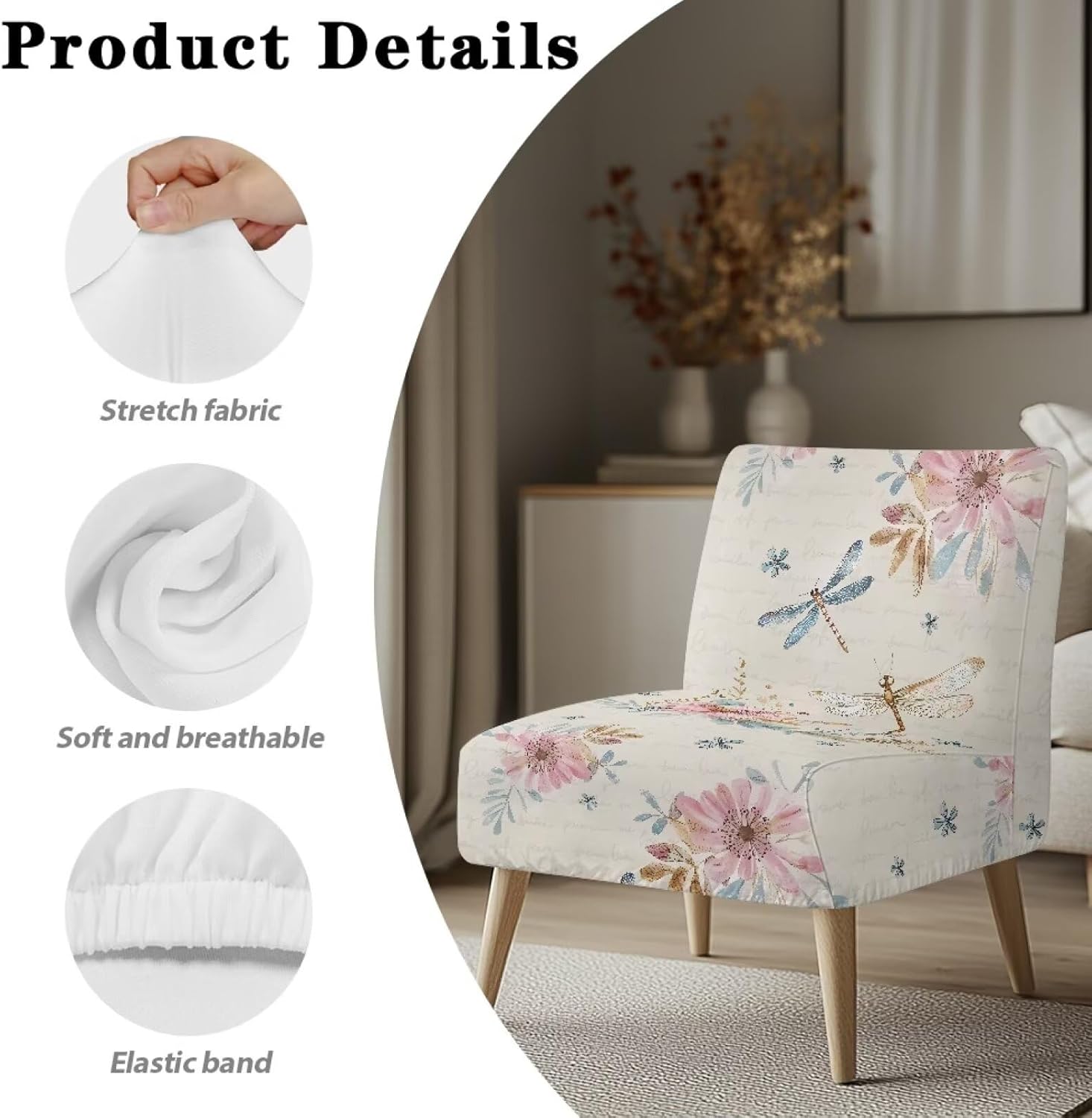 Yorontervo Dragonfly Floral Armless Accent Chair Cover for Home & Office Stretch Armless Chair Slipcover Removable Furniture Protector Covers Washable