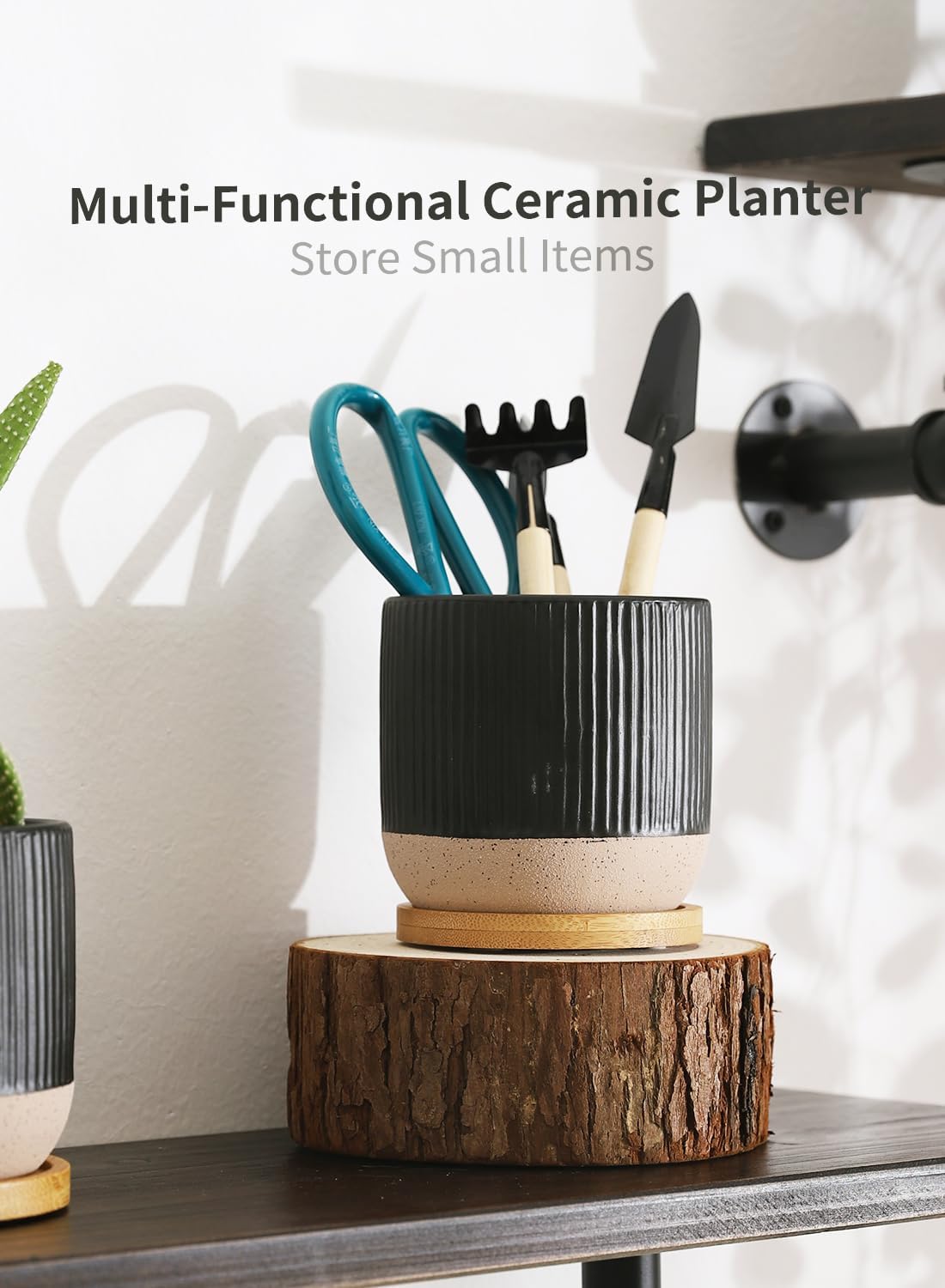 4 Inch Ceramic Plant Pots with Drainage Holes and Trays, Black Vertical Stripes Succulent Pot with Saucer, Small Flower Planter Sets for Indoor Plants, Cactus & Herbs, Set of 4