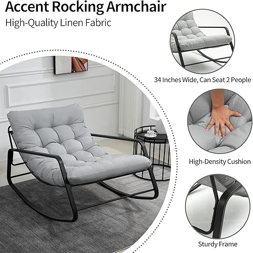Miniatura 4 de ZJhome Silla reclinable mecedora de tela de lino para guardería cómoda silla tapizada para sala de estar dormitorio patio gris