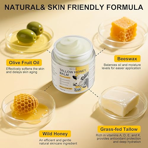 Miniatura 3 de Tallow and Honey Balm, Sarga de res para humectante facial, bálsamo batido con hierba orgánica alimentada con hierba seca y miel cruda, para