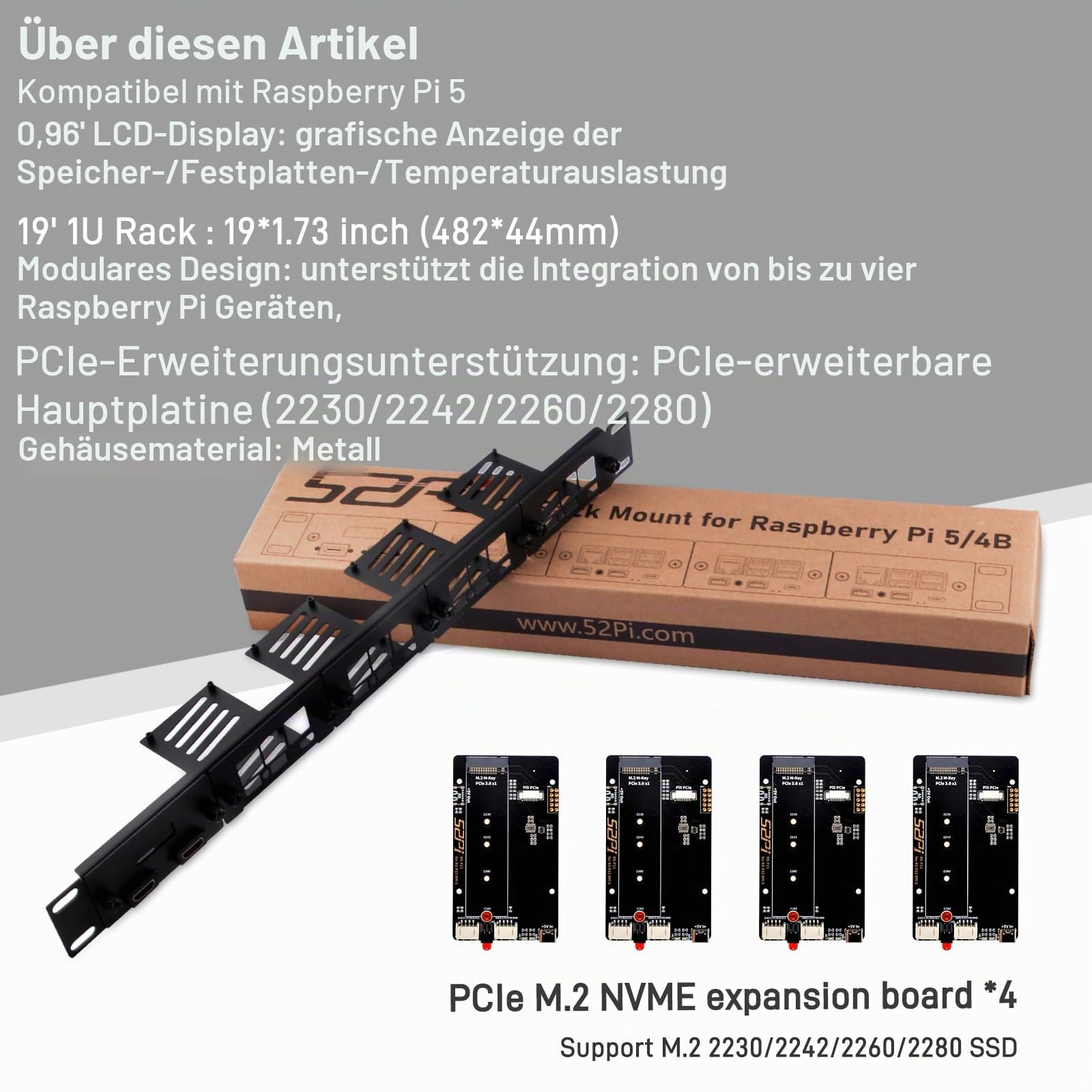 GeeekPi 19 Zoll 1U Rack-Halterung für Raspberry Pi 5, mit 4PCS PCIe auf M.2 NVMe SSD Adaptern, hält bis zu 4 Raspberry Pi 5 Boards, kompatibel mit 19 Zoll Server Rack
