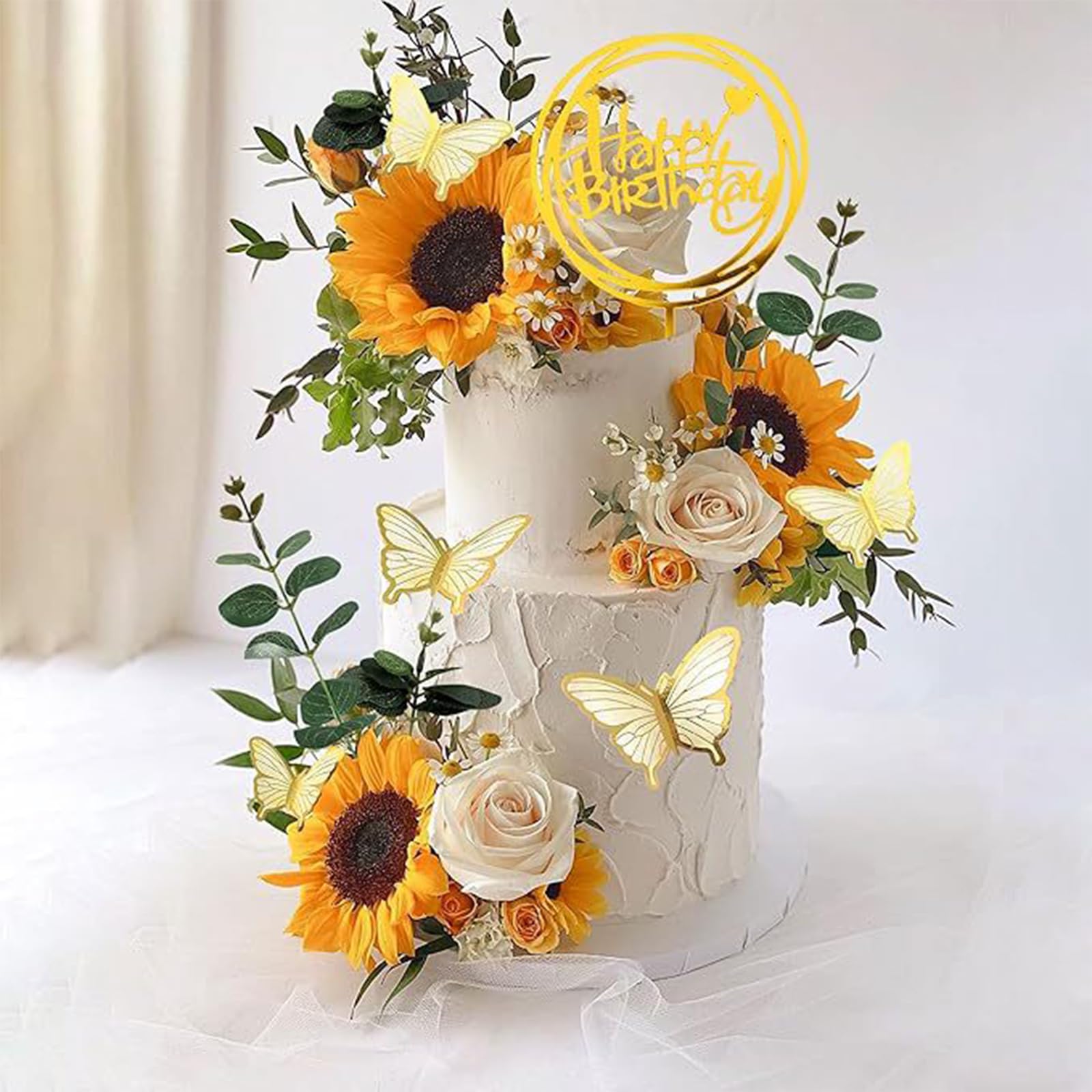Lukinuo Decorazioni per torta di girasole 18 pz girasole torta decorazione con oro Happy Birthday Cake Topper Girasole Golden Palma Foglie di eucalipto per girasole boho edificio estivo a tema