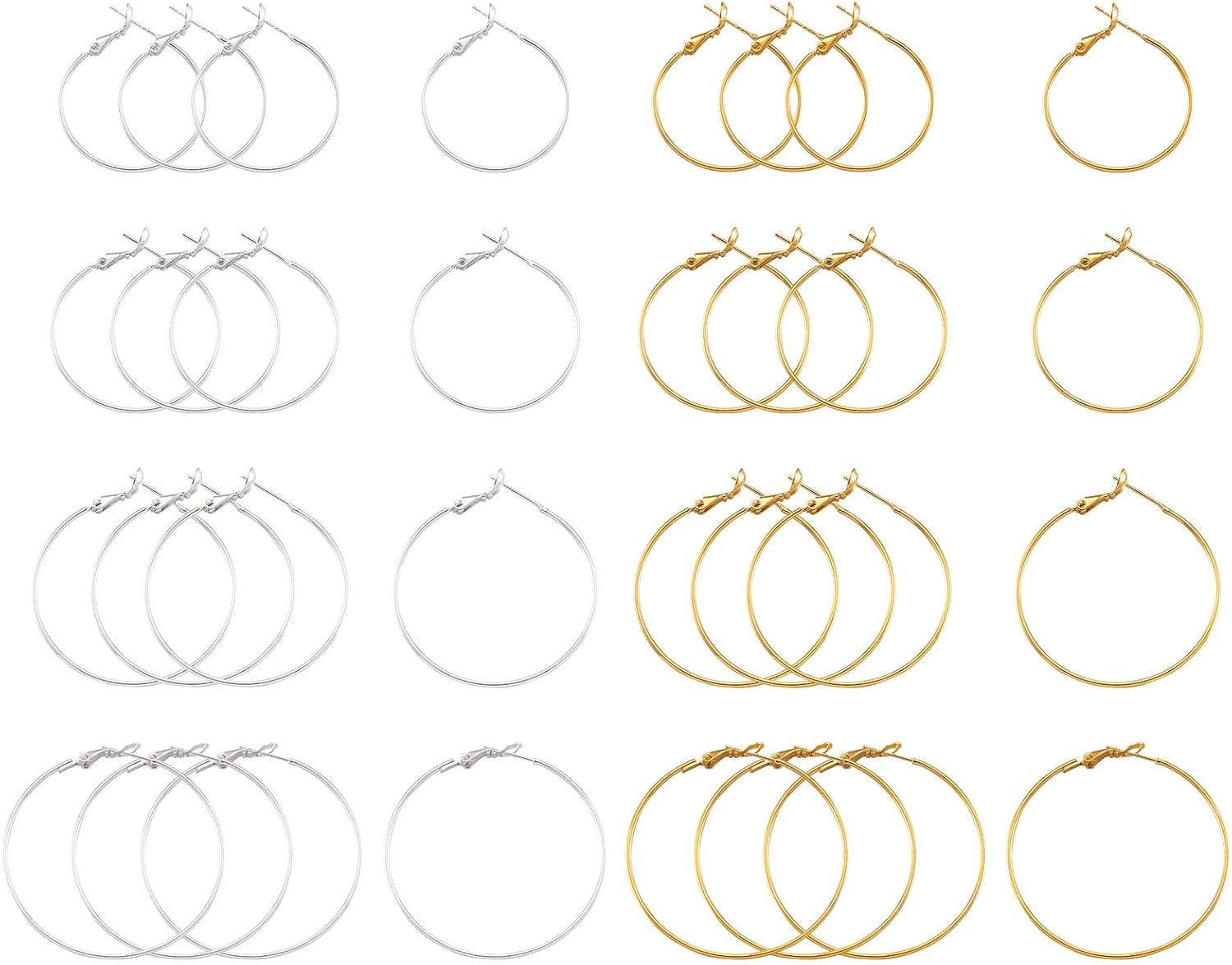 Cheriswelry 64pcs Brass Beading Earring Hoops Gold Silver for DIY Jewellery Making(30mm/35mm/40mm/45mm), Gold & Silver - Image 3