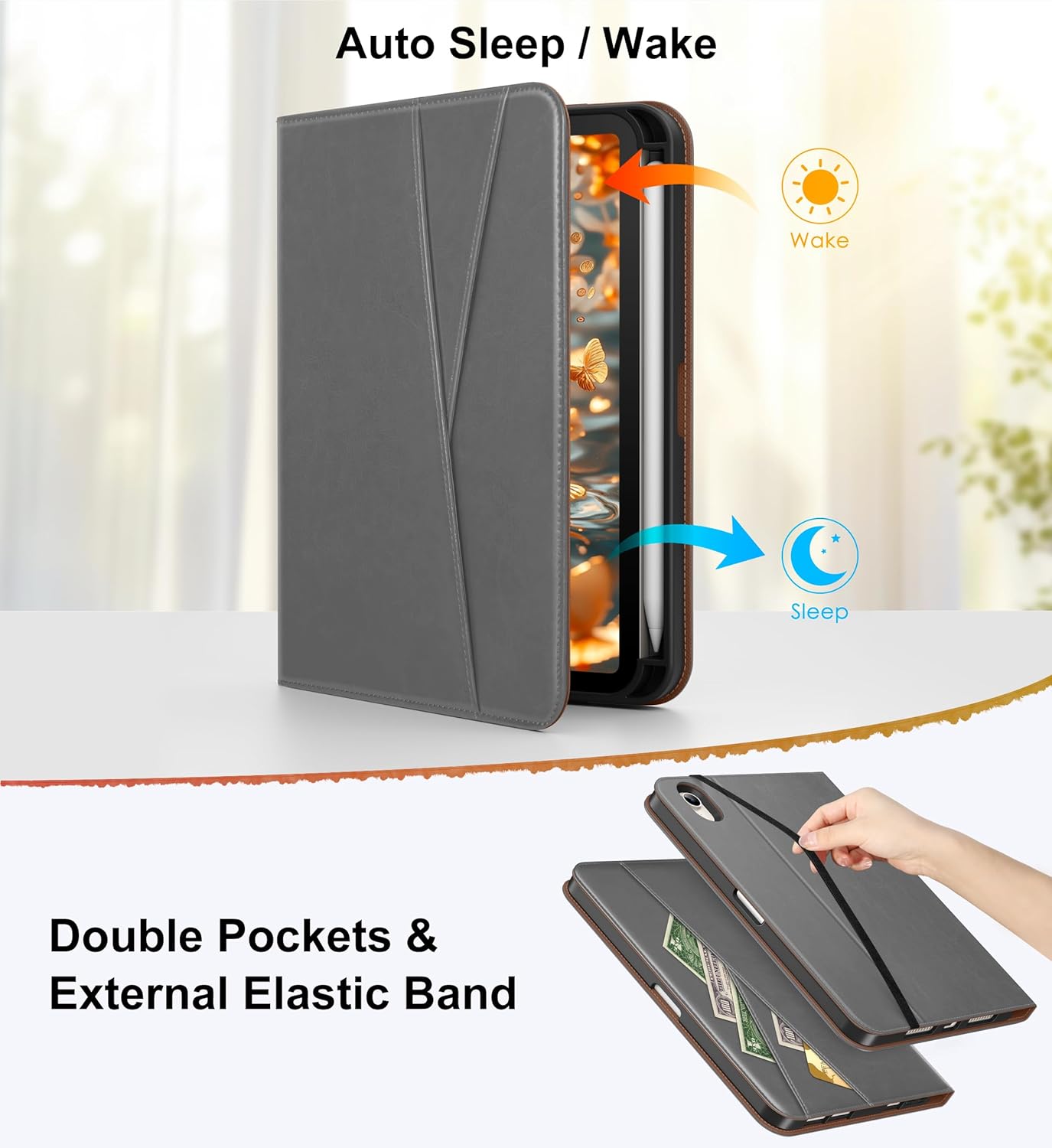 DTTO for iPad mini 7 (A17 Pro) Case, iPad mini 7th / 6th Generation Case (2024/2021), 360 Degree Rotating Premium Leather Folio Stand Cover with Pencil Holder, Grey