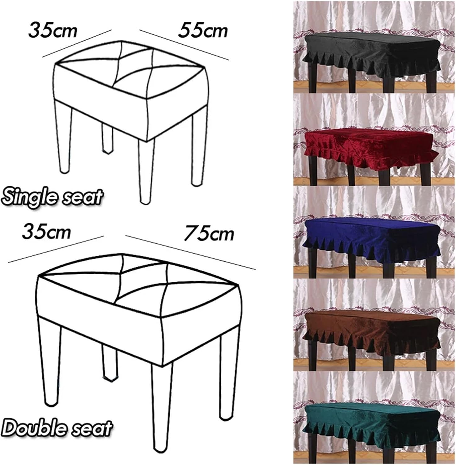 Bench Cushion Cover Velvet Piano Anti Pleuche Stool Seat Covers Bench Pleated Slipcover Single/Double Chair Protector(Blue,Single Stool Cover)