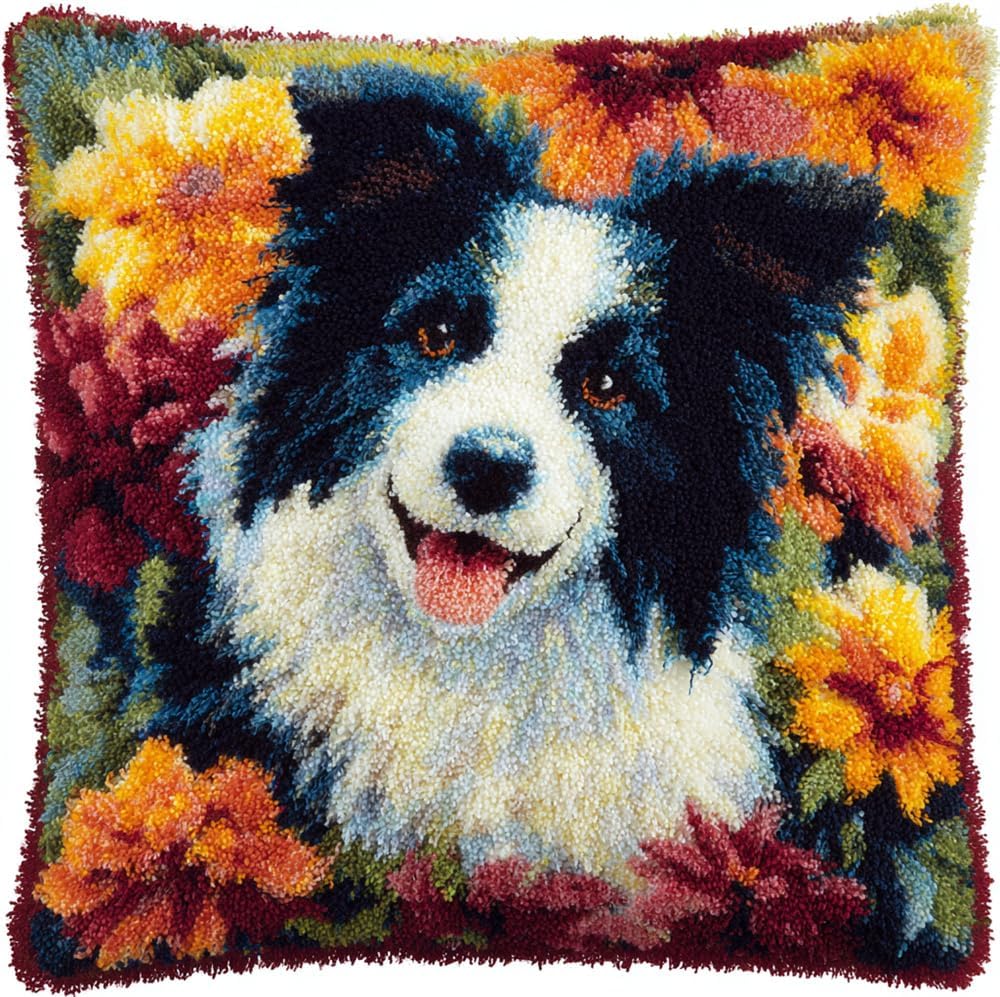 FWRTYCB Latch Hook Cushion Kits for Adults, Flowers and Border Collies Pil