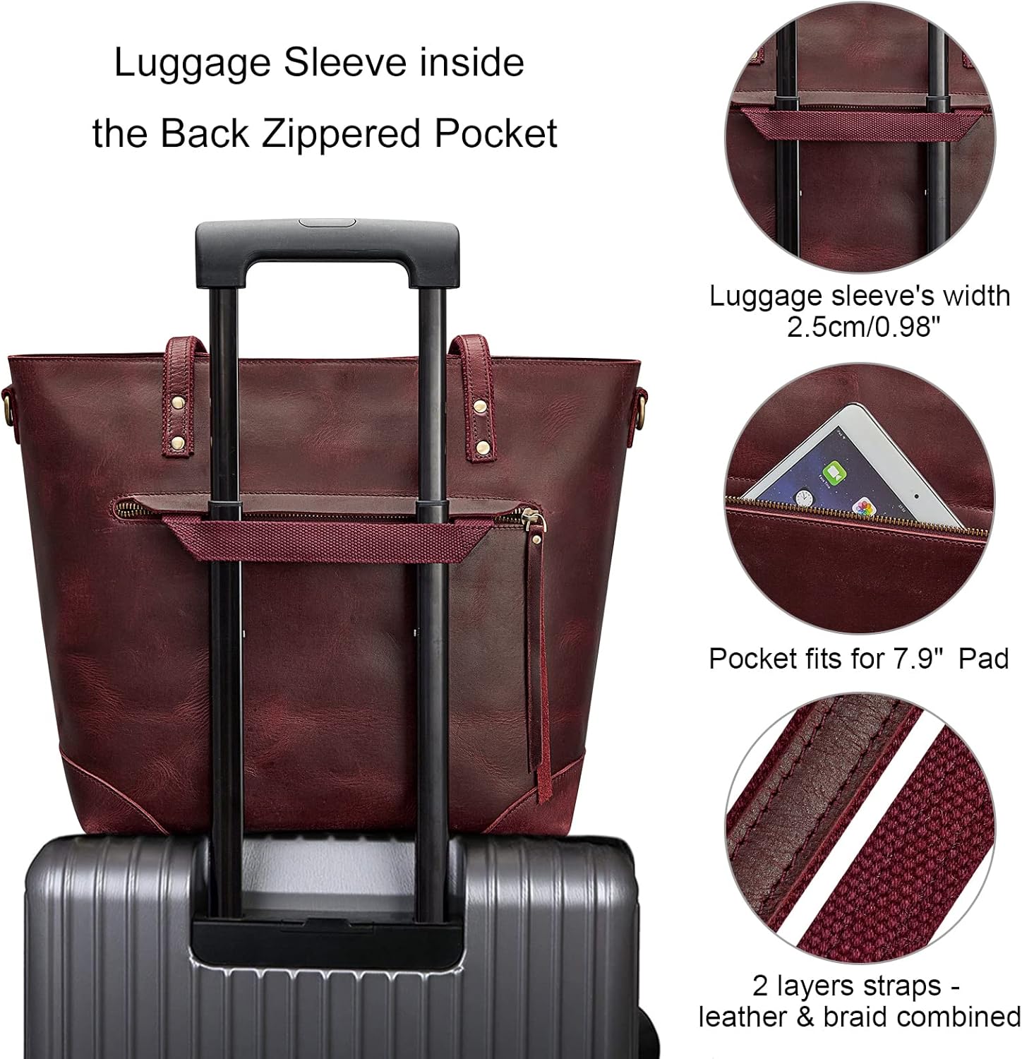 S-ZONE Vintage Genuine Leather Shoulder Bag Work Totes for Women Purse Handbag with Back Zipper Pocket Large - Image 6