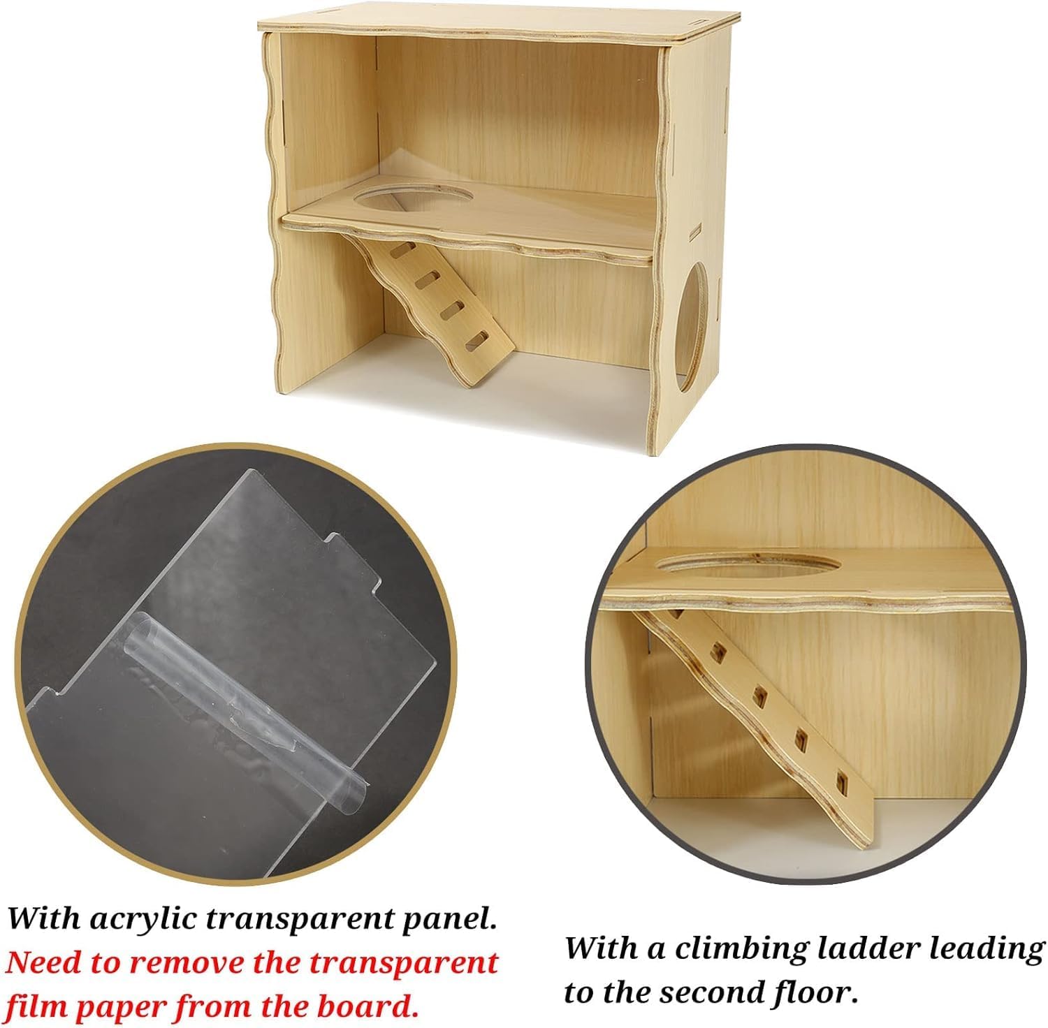 Double-Decker Hamster Hides & Multi-Functional Sand Bath Container, Wooden Hut with Transparent Dig Box for Syrian Hamsters Gerbils Mice