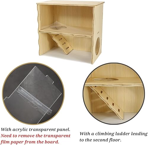 Miniatura 3 de Hámster de doble piso, cabaña de hámster de madera, escondite de hámsters sirios con panel acrílico para una observación clara, casa de ratón de