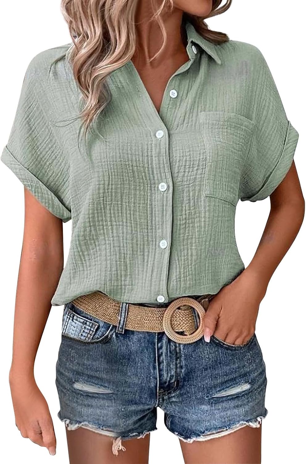 Womens Cotton Button Down Shirt Rolled Cuffed Short Sleeve Blouse Ladies Summer Casual V Neck Beach Cotton Tops