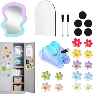 Weysat 19 Pcs Iridescent Locker Accessories Set Back to School Magnetic Whiteboard Mirror Flower Marker Acrylic Pen Holder Decor Office Stuff Organizer for First Day of School Essentials(Irregular)