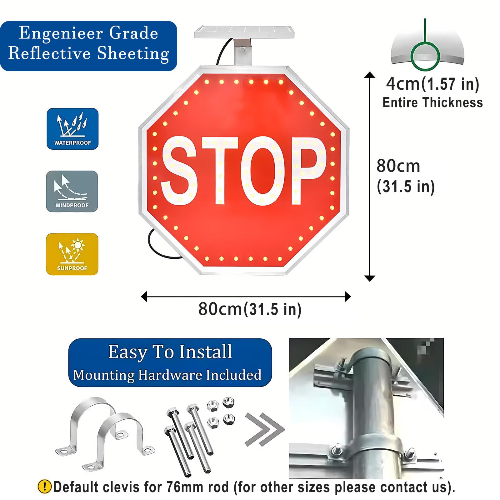 Señal de advertencia LED, señal de tráfico octogonal de aluminio impermeable para alta visibilidad en carreteras y zonas escolares, opciones de 24 pulgadas/32 pulgadas, señal de seguridad vial