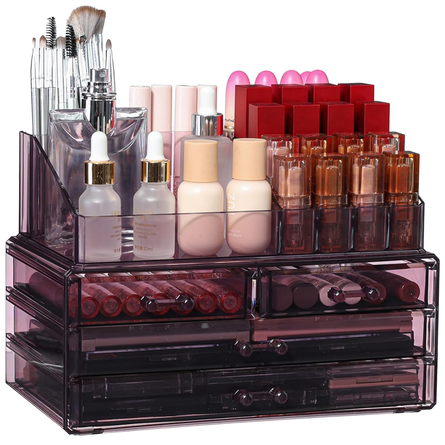 Cq acrylic Dresser Organizer for Nursery, Multi-Purpose Vanity Organizers and Storage Countertop With 4 Drawers, Desk Organizer With Drawers for Make Up, Jewelry, Pen, Desktop Stationary,Purple