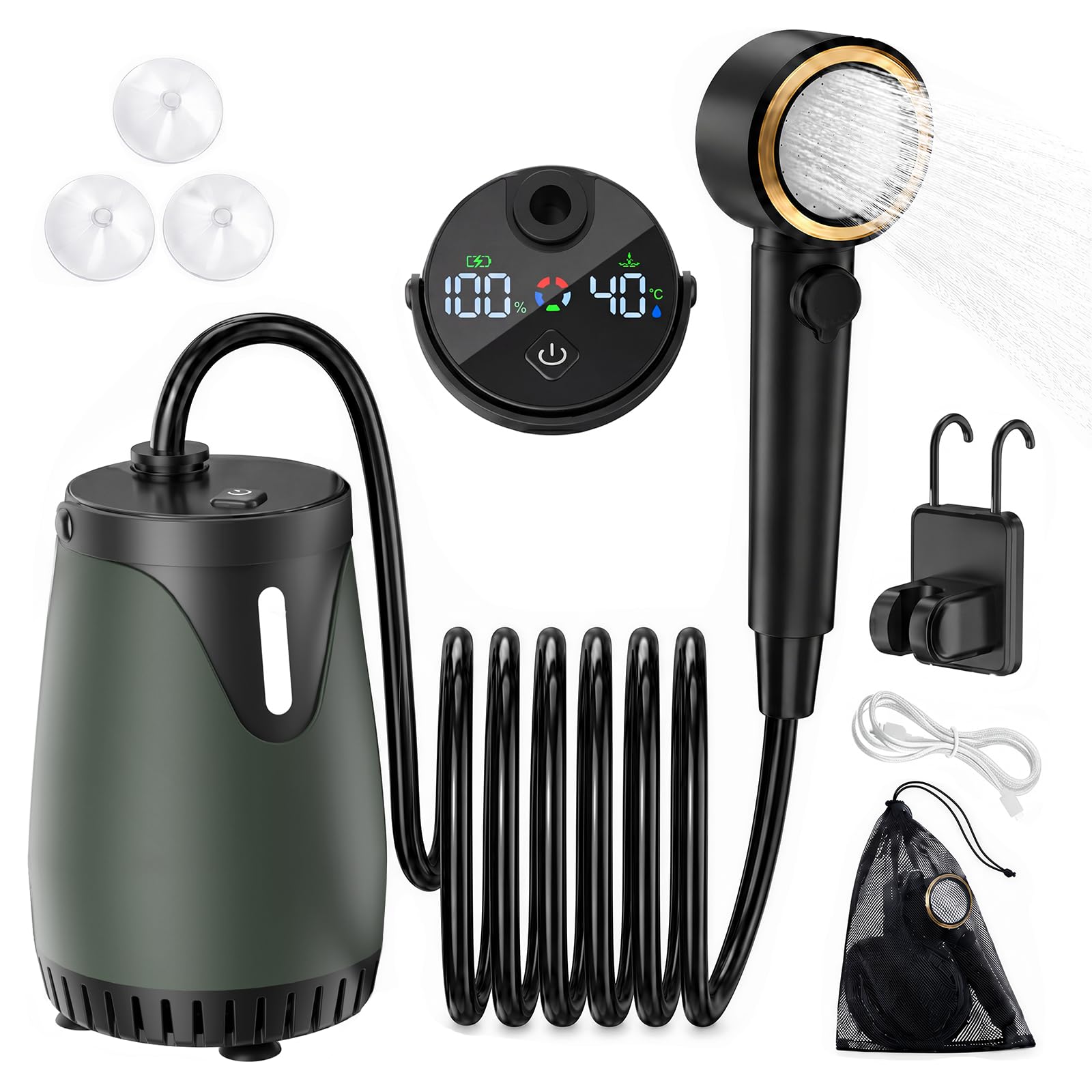 Douche de camping portable, 8 000 mAh, longue durée, rechargeable avec écran LED, 5 modes de pulvérisation, haute pression d'eau, pompe de camping étanche IPX8 pour randonnée, voyage, voiture