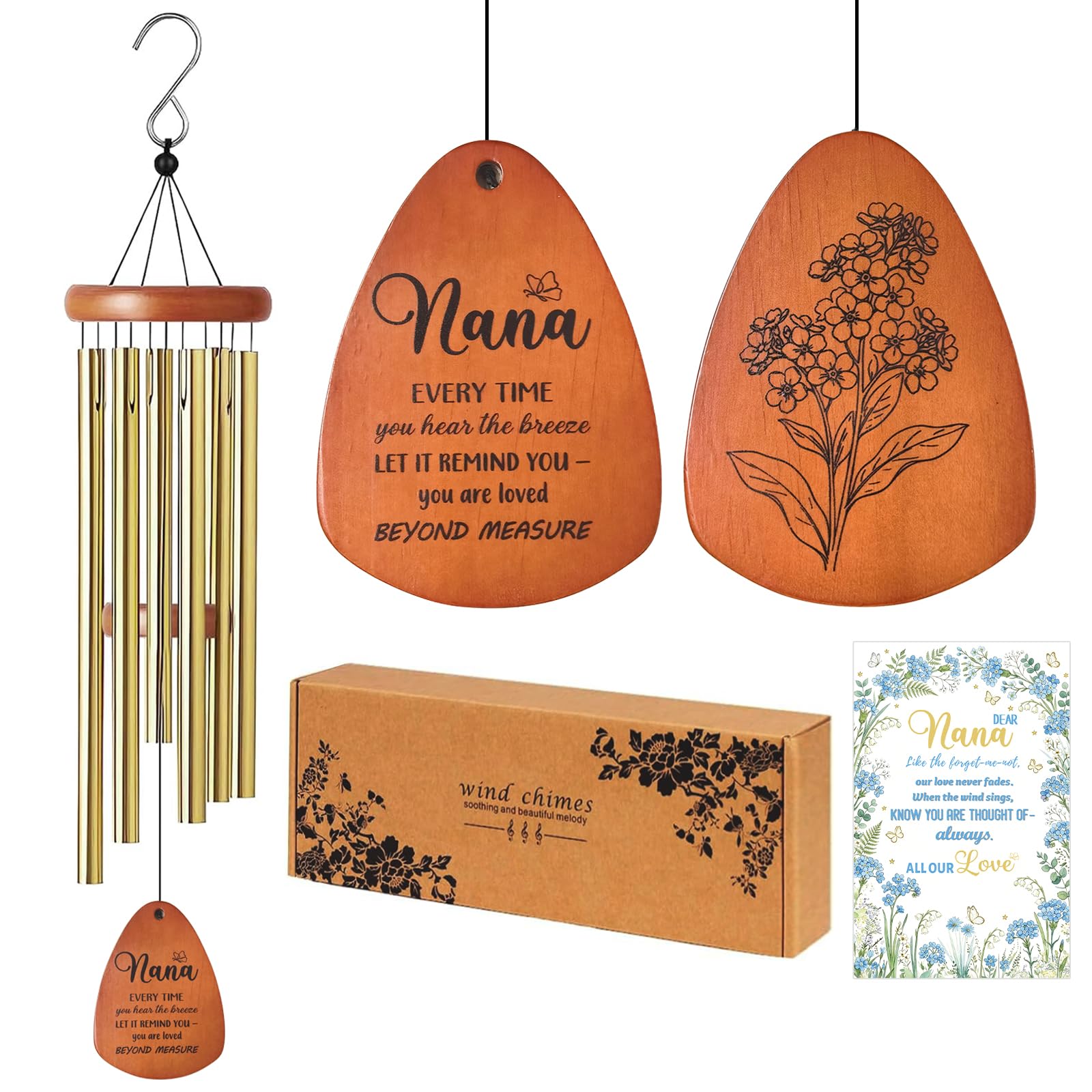 IHCEMIH Nan Gifts, Nana Wind Chime Gift Set with Greeting Card - 26" Forget Me Not Engraved Memorial Windchimes, Birthday Christmas Mother's Day Present for Nan Nana Grandma