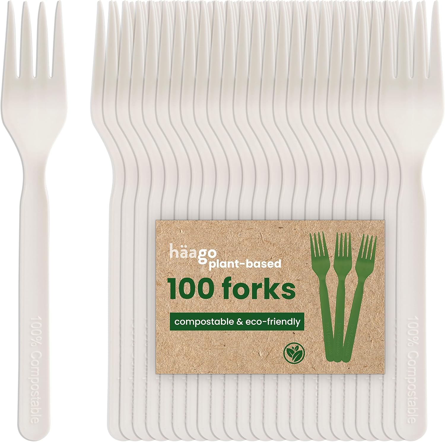 HAAGO 500 Forks Cutlery Set, White (18cm / 7") – Eco-Friendly, Biodegradable & Compostable – Reusable, Heavy-Duty, 100% Natural Utensils for Hot & Cold Food – Plant-Based & BPA-Free