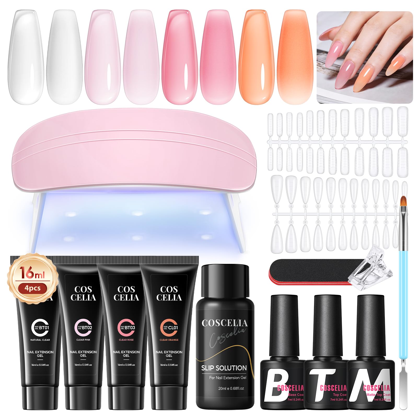 COSCELIA Poly Nail Ongle Gel Kit UV Complet, 4 Couleurs Poly Extension Gel Art Set avec Lampe, Base & Top Coat et Faux Ongles 10ml Slip Solution, DIY Nail Art Ongles Gels Kit pour Débutant