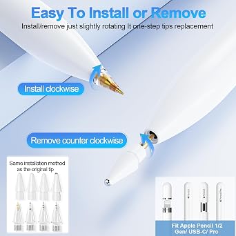 Upgraded Replacement Tips for Apple Pencil 1/2/Pro/USB-C, 8PCS Mix Metal Tips Apple Pens Nibs iPencil Nibs Accessories for all generation, Supports Tilt/Pressure Sensitivity with Box for Draw & Write