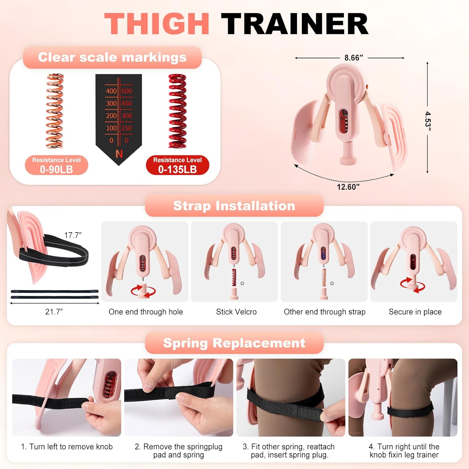 Thigh Trainer, 10-135LB Adjustable Resistance Inner Thigh Exerciser, Pelvic Floor Muscle Repair with Leg Strap, Workout Kegel Exercise Equipment for Shaping, Yoga, Weight Loss Home Gym