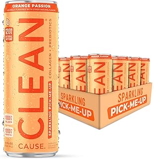 CLEAN Cause Orange Passion Sparkling Pick-Me-Up with Prebiotics & Collagen Peptides (12oz cans, 12-Pack Case) Low Sugar, 120mg Caffeine, Healthy Alternative to Soda & Energy Drinks.