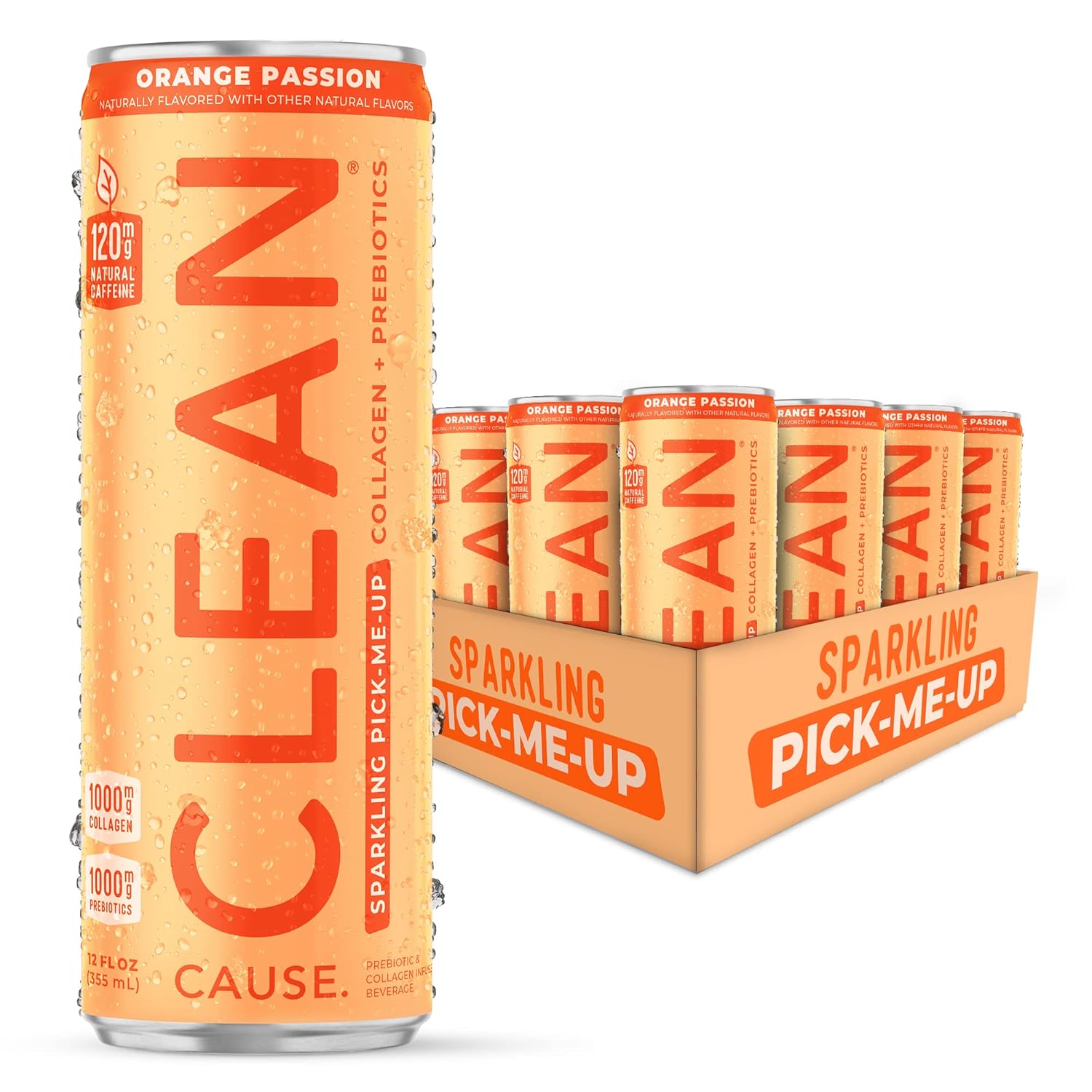CLEAN Cause Orange Passion Sparkling Pick-Me-Up with Prebiotics & Collagen Peptides (12oz cans, 12-Pack Case) Low Sugar, 120mg Caffeine, Healthy Alternative to Soda & Energy Drinks.