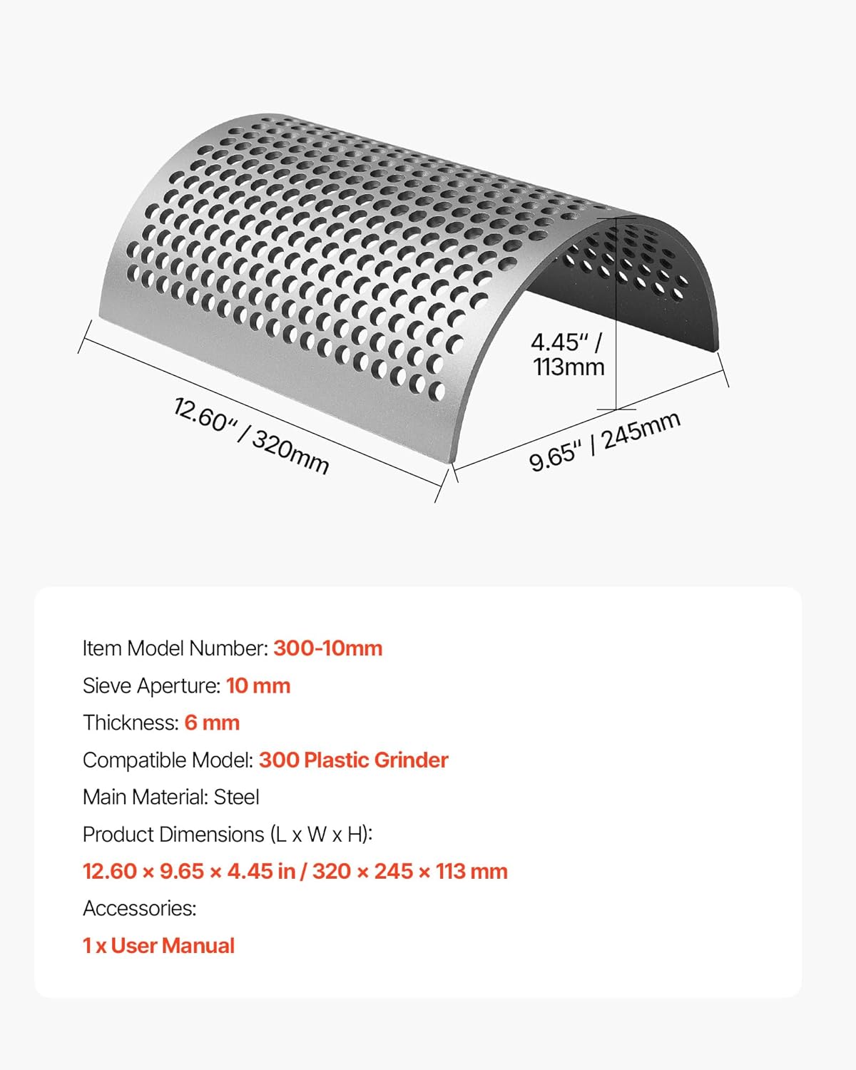 VEVOR Screen Mesh for Plastic Shredder, Steel Durable Mesh, 0.39 in/10 mm High-Precision Aperture Screen, Compatible with Model 300 Plastic Grinder, Suitable for Medium Particle Recycling