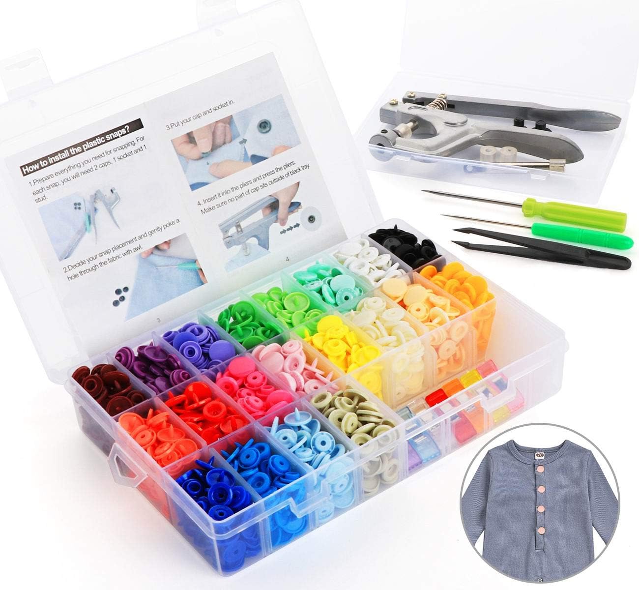 Qfun 200 Set Bottoni Automatici A Pressione | Kit Da 10 Colori Con Attrezzo Per Installazione, Diametro 9.5mm, Metallo Rame, Per Abbigliamento E Cucito - 3