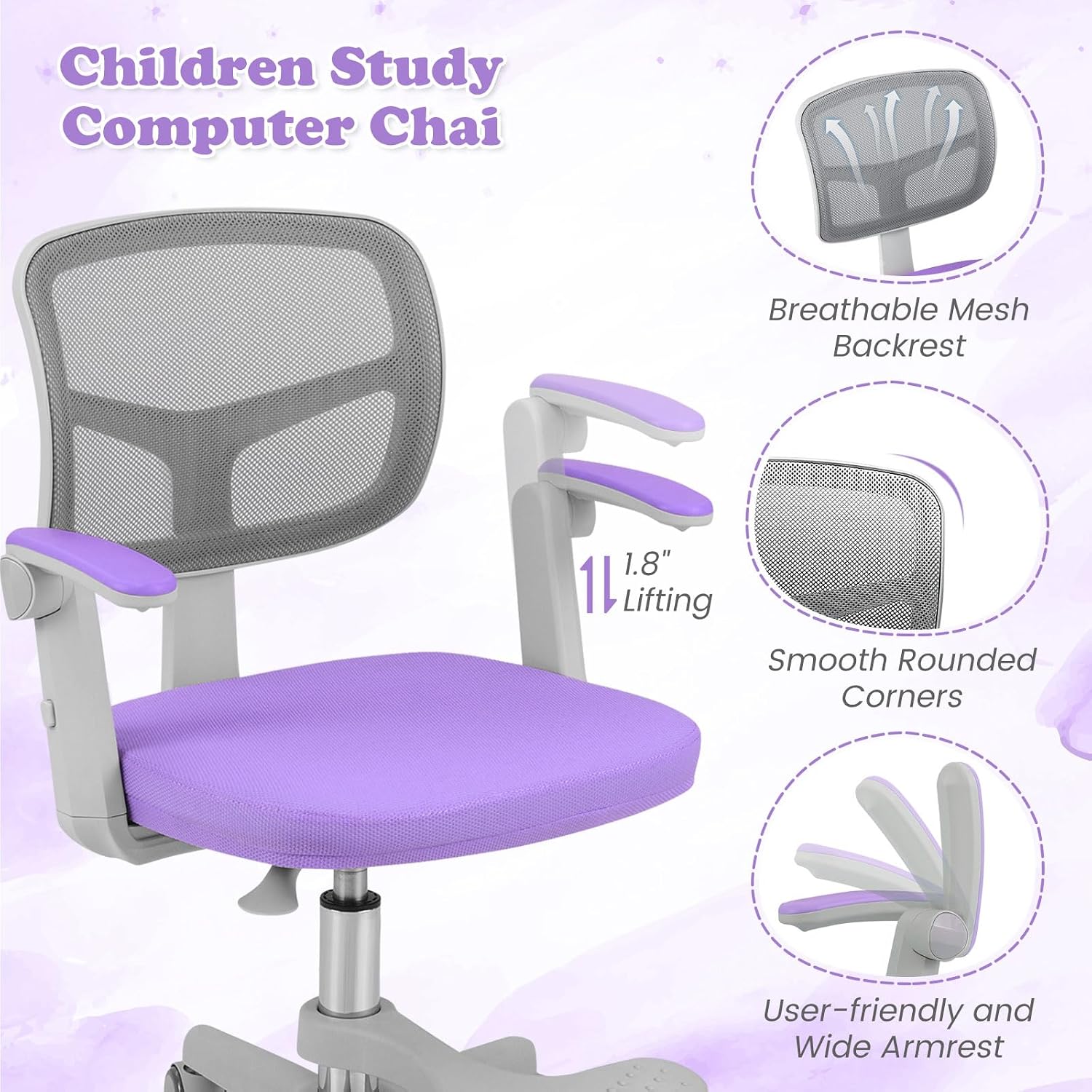 Giantex Kids Desk Chair, Ergonomic Adjustable Student Rolling Chair with Footrest & Flip-up Armrest, Mesh Children Office Chair with Universal Wheels, Kids Computer Chair for Boys & Girls, Purple