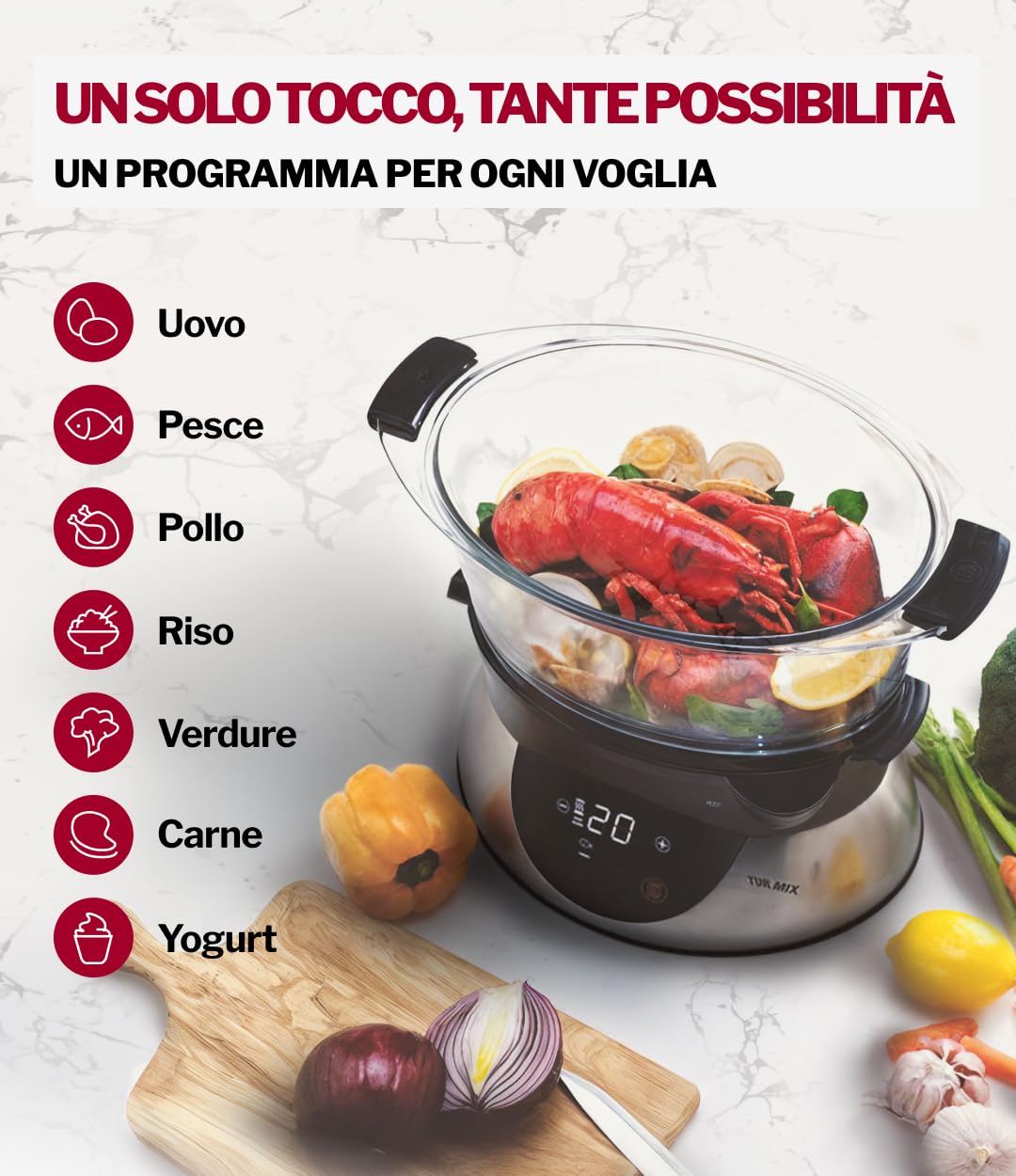 Turmix Steamer CX 220 – Vaporiera con pentola da 5,2 L con contenitori in vetro e display digitale, comando touch, funzione di mantenimento in caldo, avvio ritardato, programma yogurt, ingresso acqua
