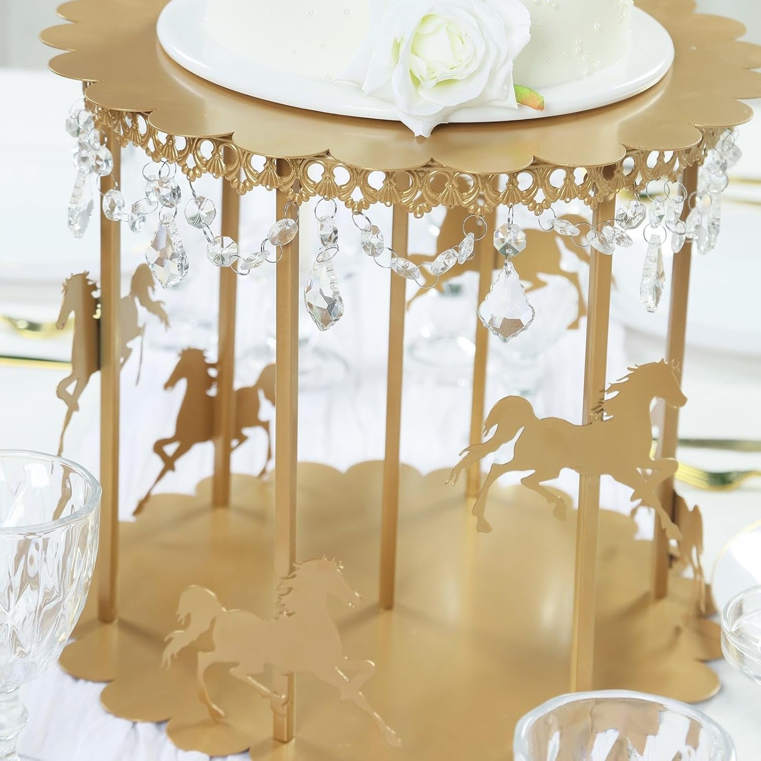 14 in Metal Round Pedestal Cake Stand Gold Carousel Design with Horses and Beads Wedding Birthday Events Reception Party Home Decorations Supplies