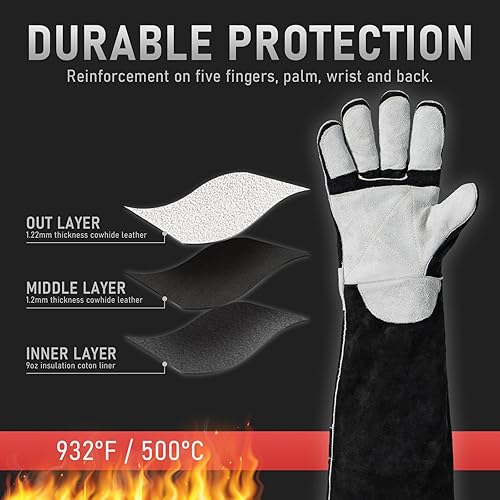 Miniatura 24 de YESWELDER Guantes de soldadura MIG de cuero Forge de 16 pulgadas, 932 ℉, con costuras de Kevlar resistentes al calor/fuego, refuerzos de palma
