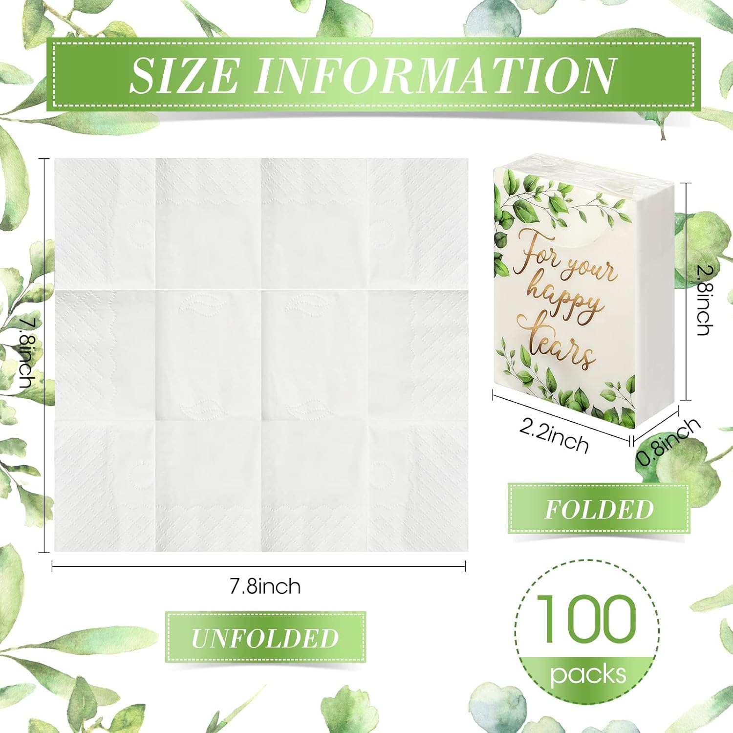 100 Pack Eucalyptus Pocket Tissues Travel Size For Your Happy Tears 4 Ply Greenery Travel Tissue Packs for Wedding Anniversary Party Supplies Decorative Green Leave Hand Towel Bathroom Travel Supplies