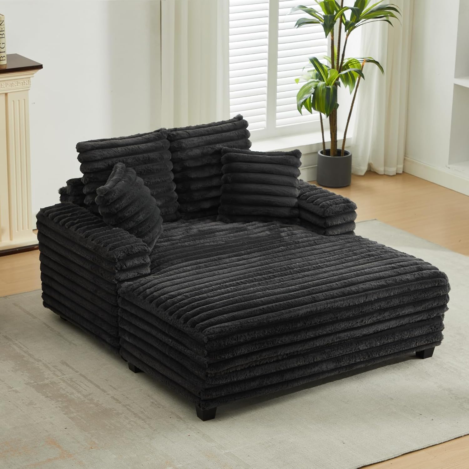 SAMERY 60'' Oversized Chaise Lounge Chair Indoor, Corduroy Upholstered Sleeper Sofa Bed, Deep Seat Sleeper Couch Cozy Reading Chairs, Cloud Sofas Couches for Living Room Bedroom Movie Room (Black)