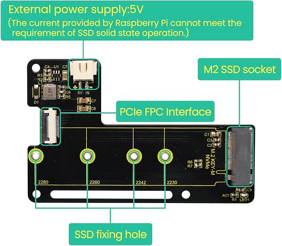 KEYESTUDIO Pi 5 NVMe SSD PIP PCIe Peripheral Board PCIe M.2 HAT with Extra Screw Sets for 2280/2260/2242/2230 NVMe SSD for Raspberry Pi 5