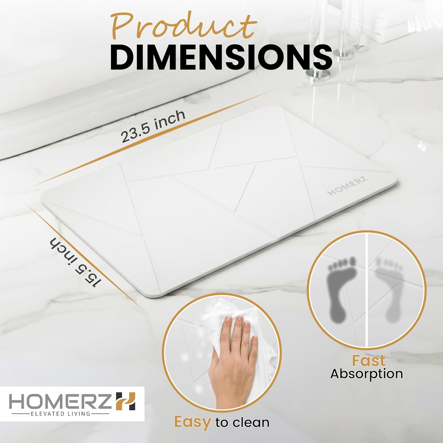 Homerz Stone Bath Mat – Premium Diatomaceous Earth Bath Mat, Rock Absorbent Bath Mats for Bathroom, Modern Stone Drying Mat, Shower Mat Outside Shower, Tapetes para Baño 23.6"x15.3"